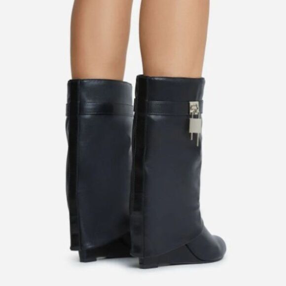 BLACK WEDGE BOOTIE WITH OVERLAP SKIRT WITH GOLD LOCKET CHARM - Picture 7 of 7